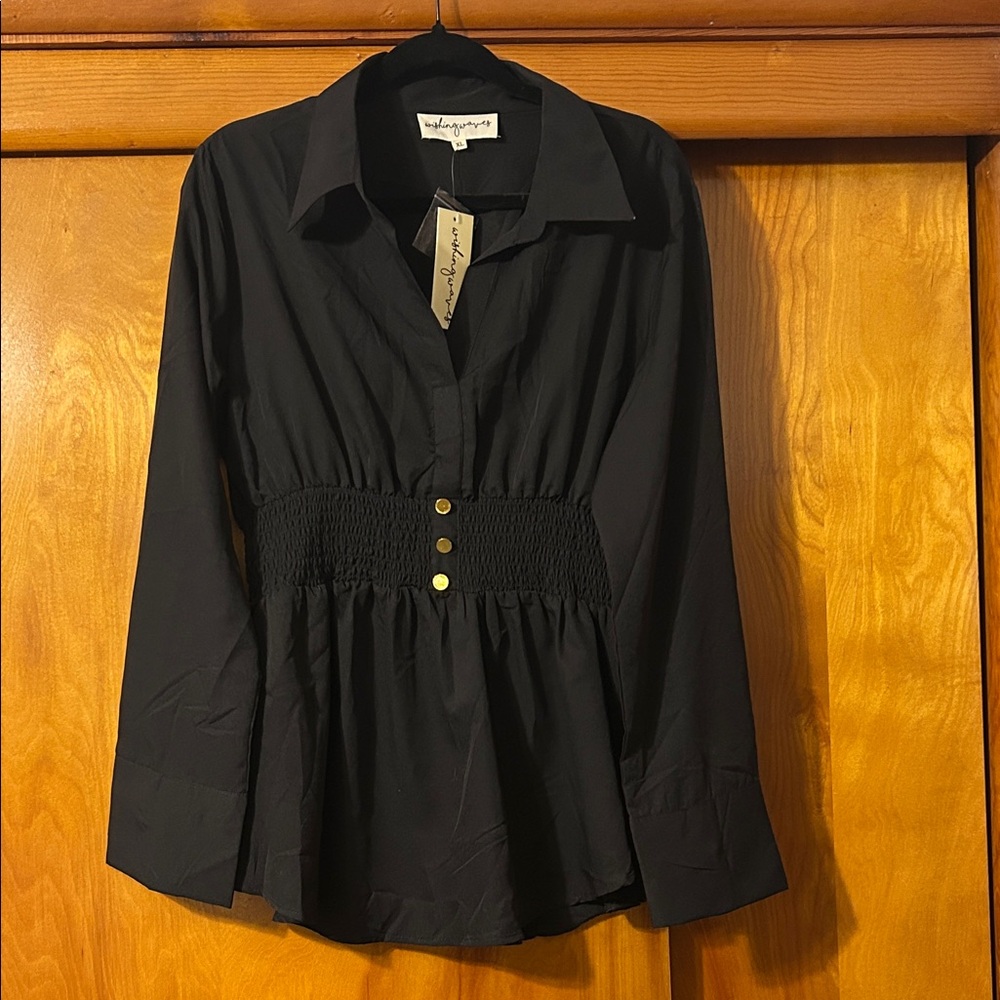 Black Smocked-Waist Long Sleeve Top - Unbranded